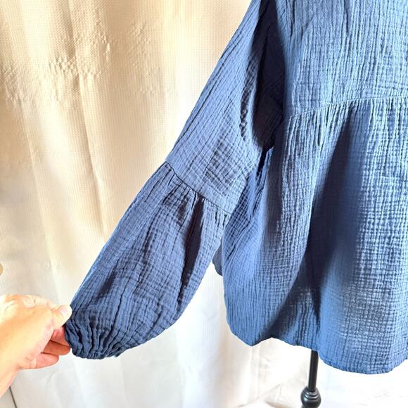 Soft Surroundings Cotton Gauze Peasant Blouse Sz L Blue Boho Tunic Top EUC - Picture 6 of 8